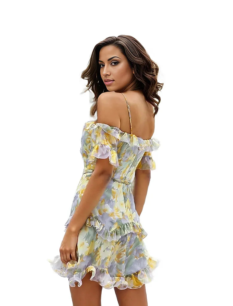 Floral Lace Up Frill Mini Dress With Belt
