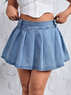 Trendy Blue Pleated Denim Skirt Shorts - XD131