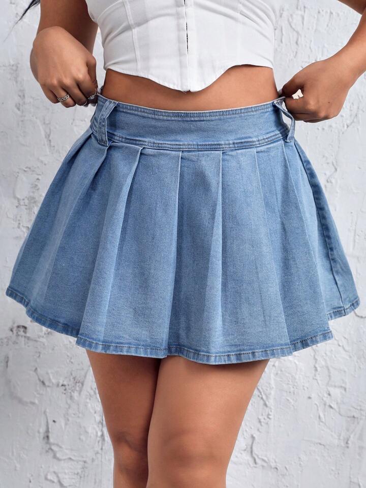 Trendy Blue Pleated Denim Skirt Shorts - XD131