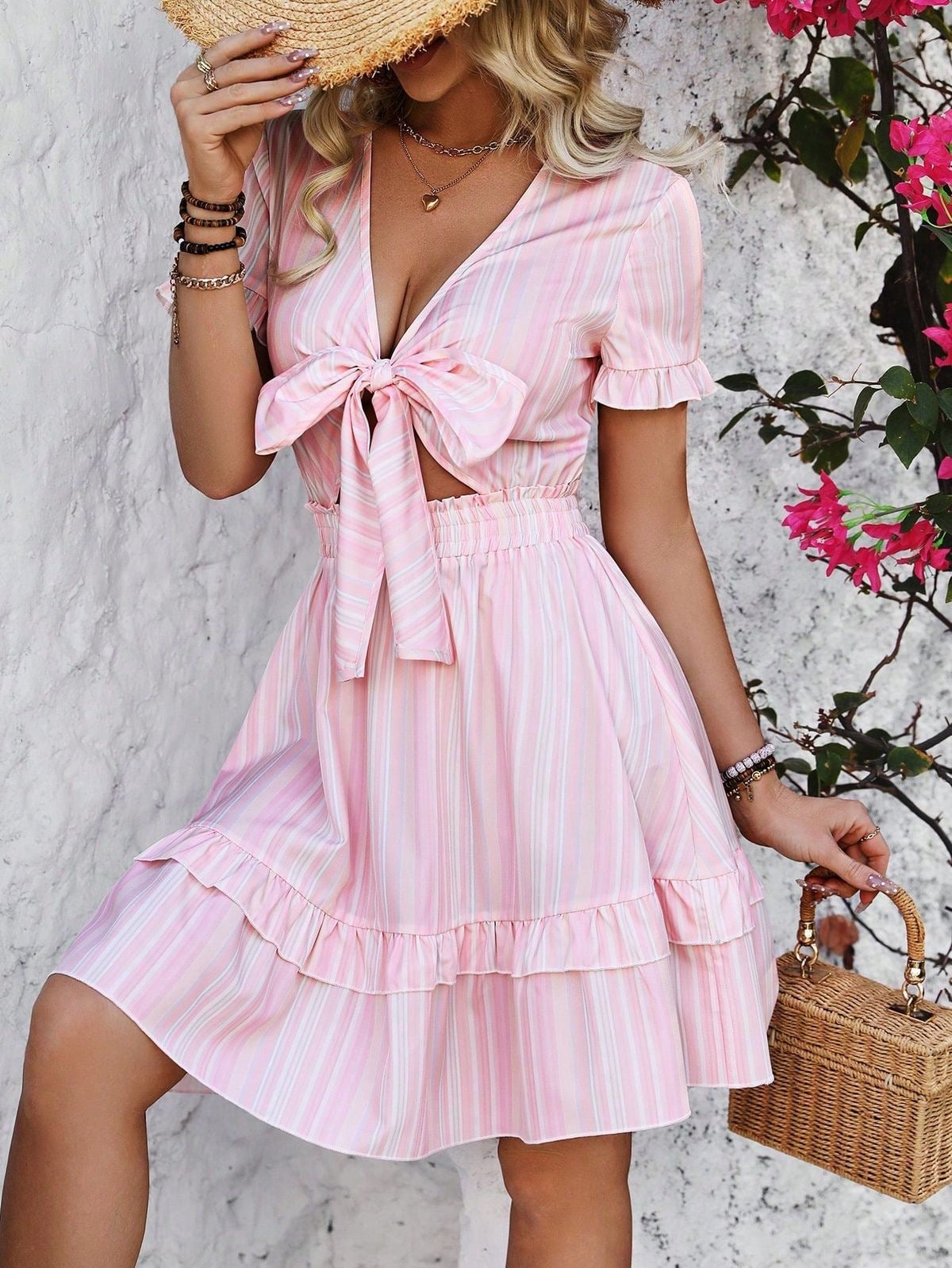 Vacation Frilled Striped Printed Short Dress - XD21