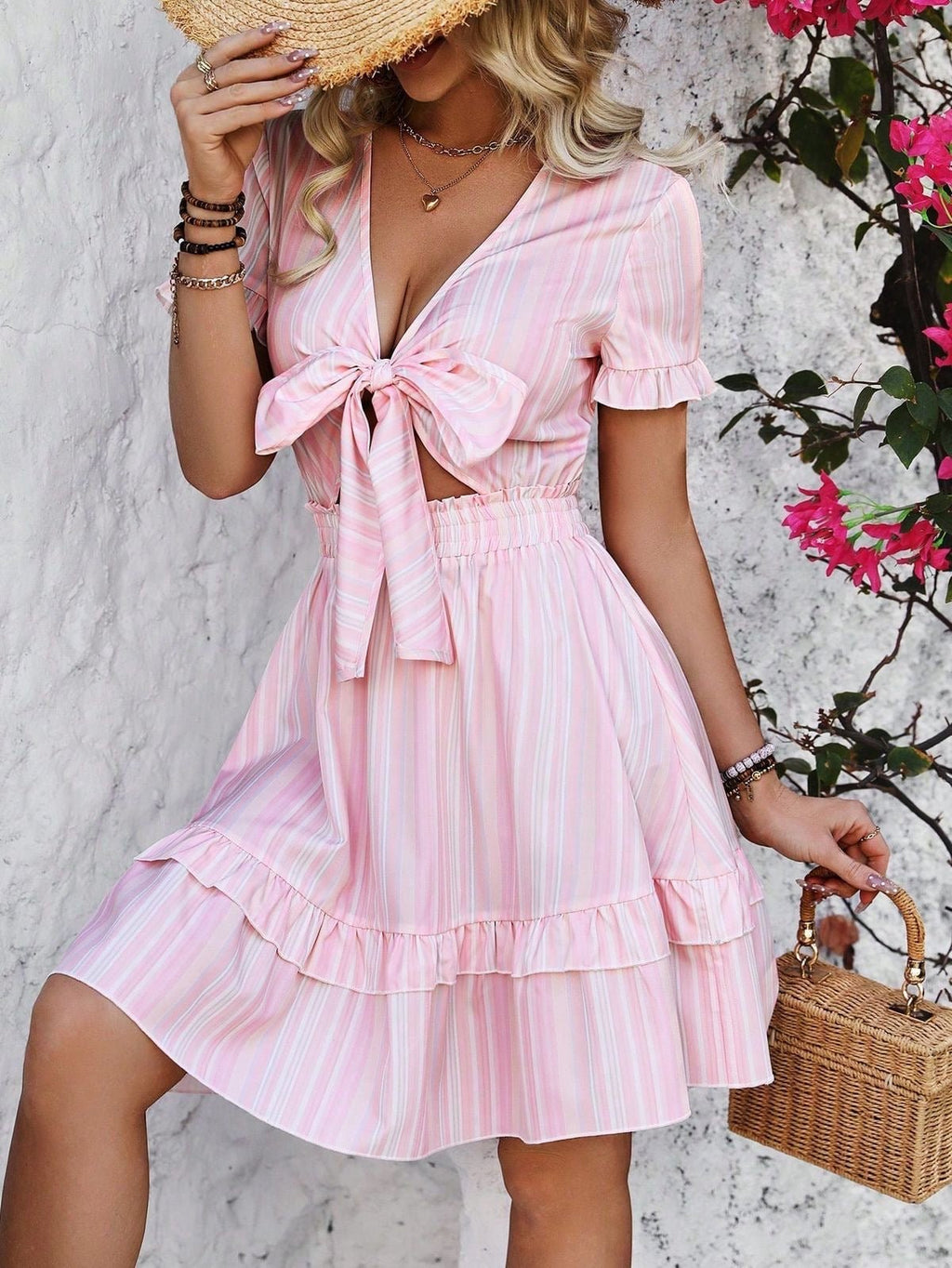 Vacation Frill Striped Printed Short Dress
