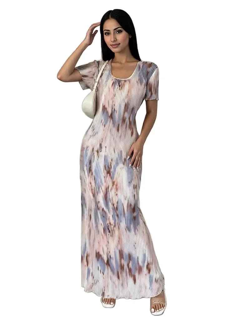 Abstract Print Maxi Dress - Short Sleeve Bodycon Dress