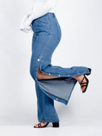 Stylish Blue High-Sraight Flare Jeans with Side Button Detail S619