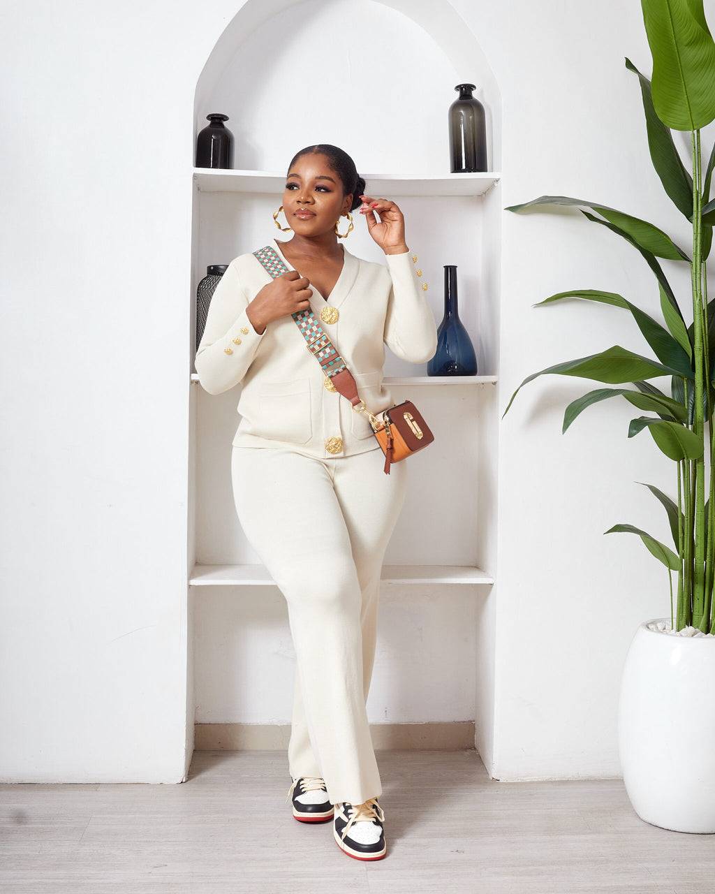 Women’s Button Front Two-Piece Pant Set – Top & Wide Leg Trousers
