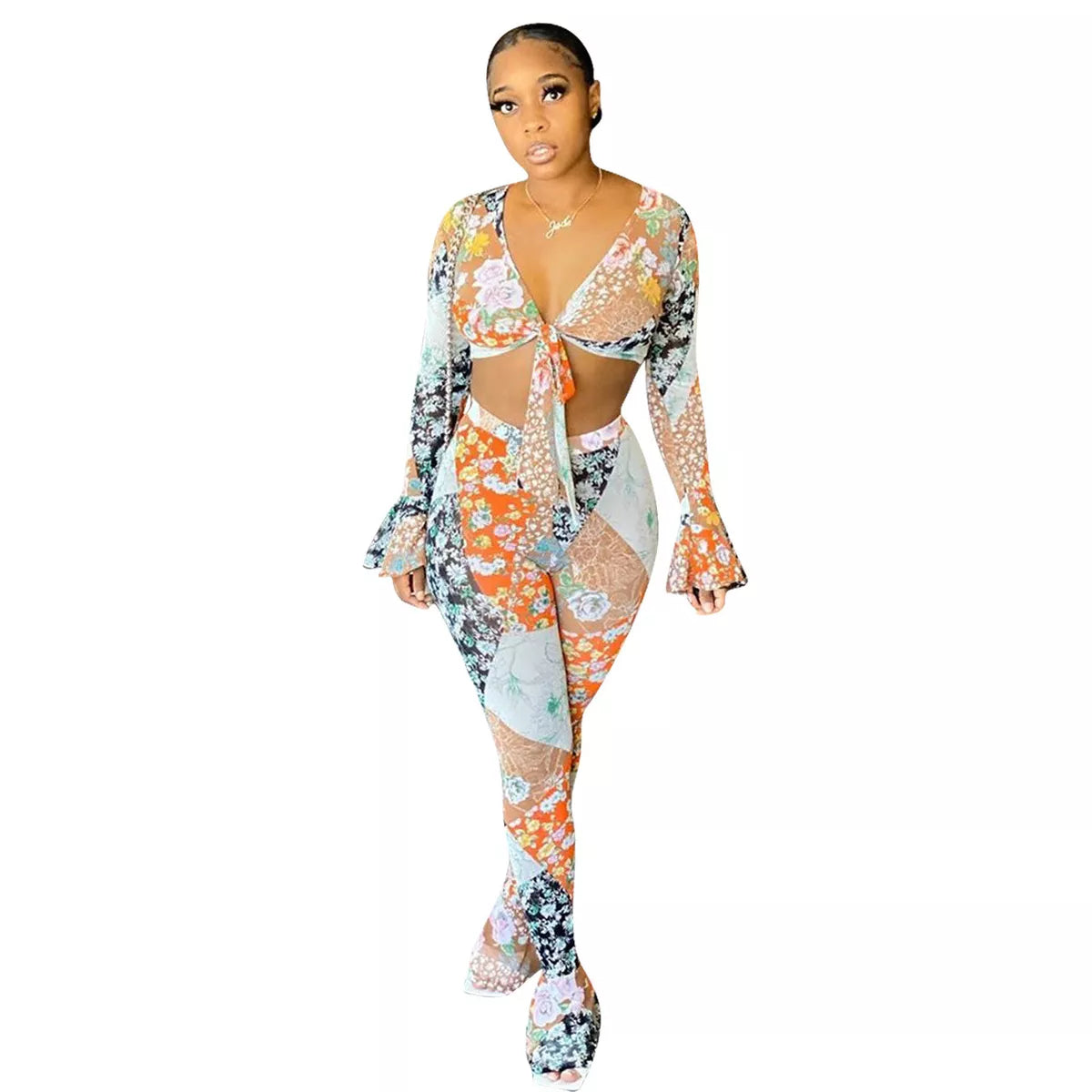 Deep V Neck Long Sleeves Printed Skinny Casual Pants Set (¥13 should be 132pcs) XD21