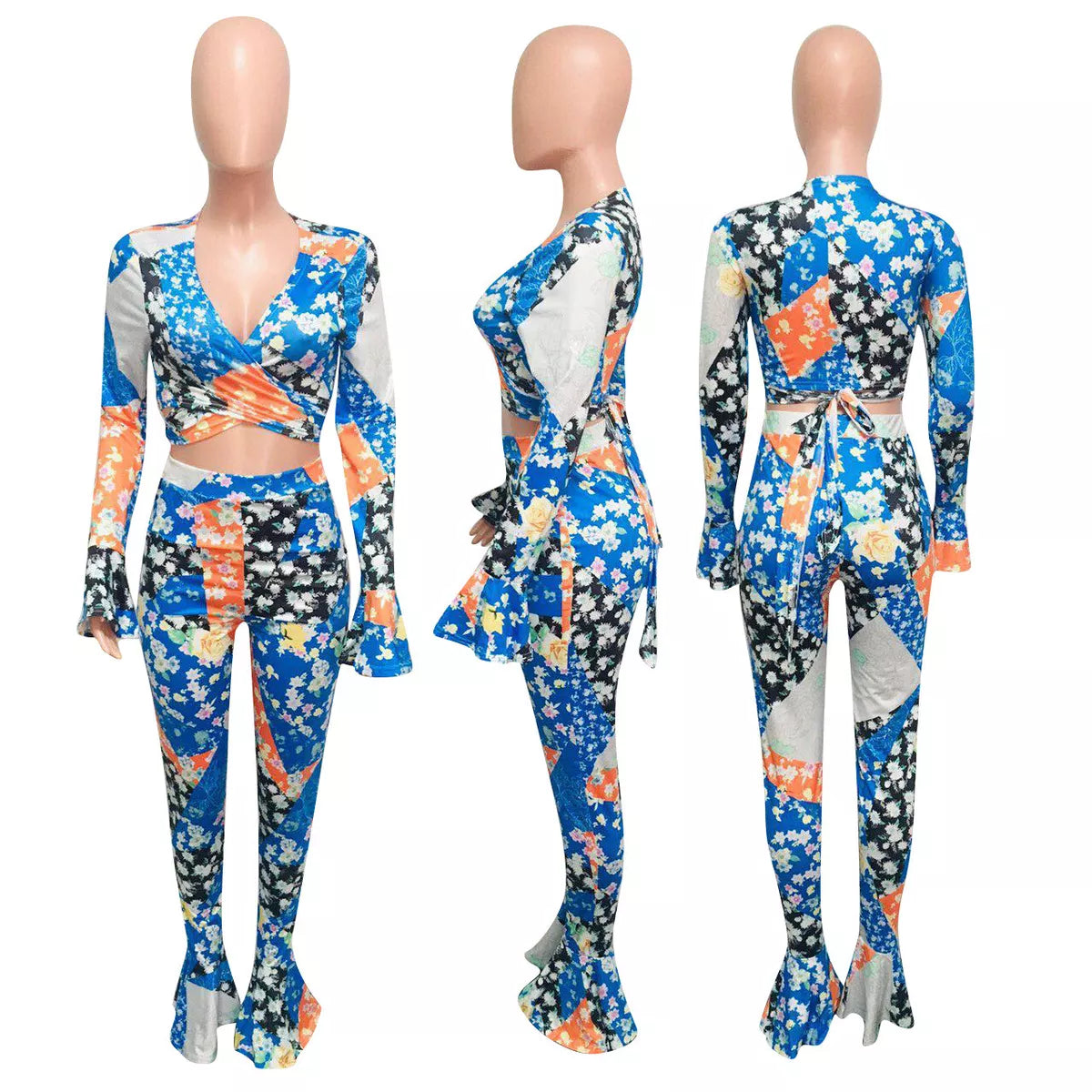 Deep V Neck Long Sleeves Printed Skinny Casual Pants Set (¥13 should be 132pcs) XD21