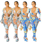 Deep V Neck Long Sleeves Printed Skinny Casual Pants Set (¥13 should be 132pcs) XD21