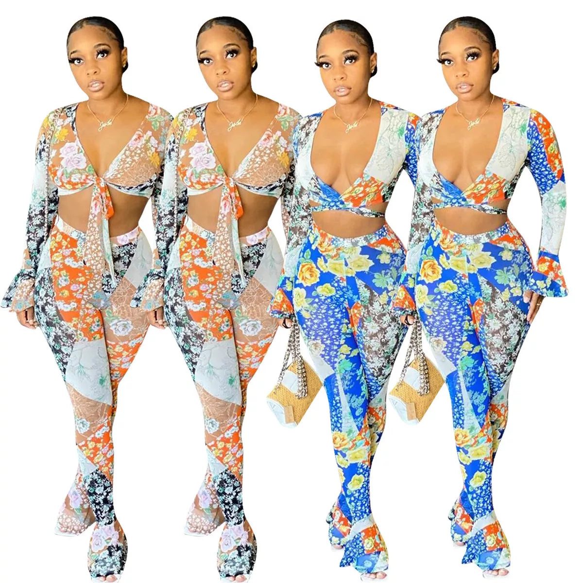 Deep V Neck Long Sleeves Printed Skinny Casual Pants Set (¥13 should be 132pcs) XD21