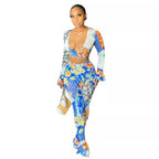 Deep V Neck Long Sleeves Printed Skinny Casual Pants Set (¥13 should be 132pcs) XD21