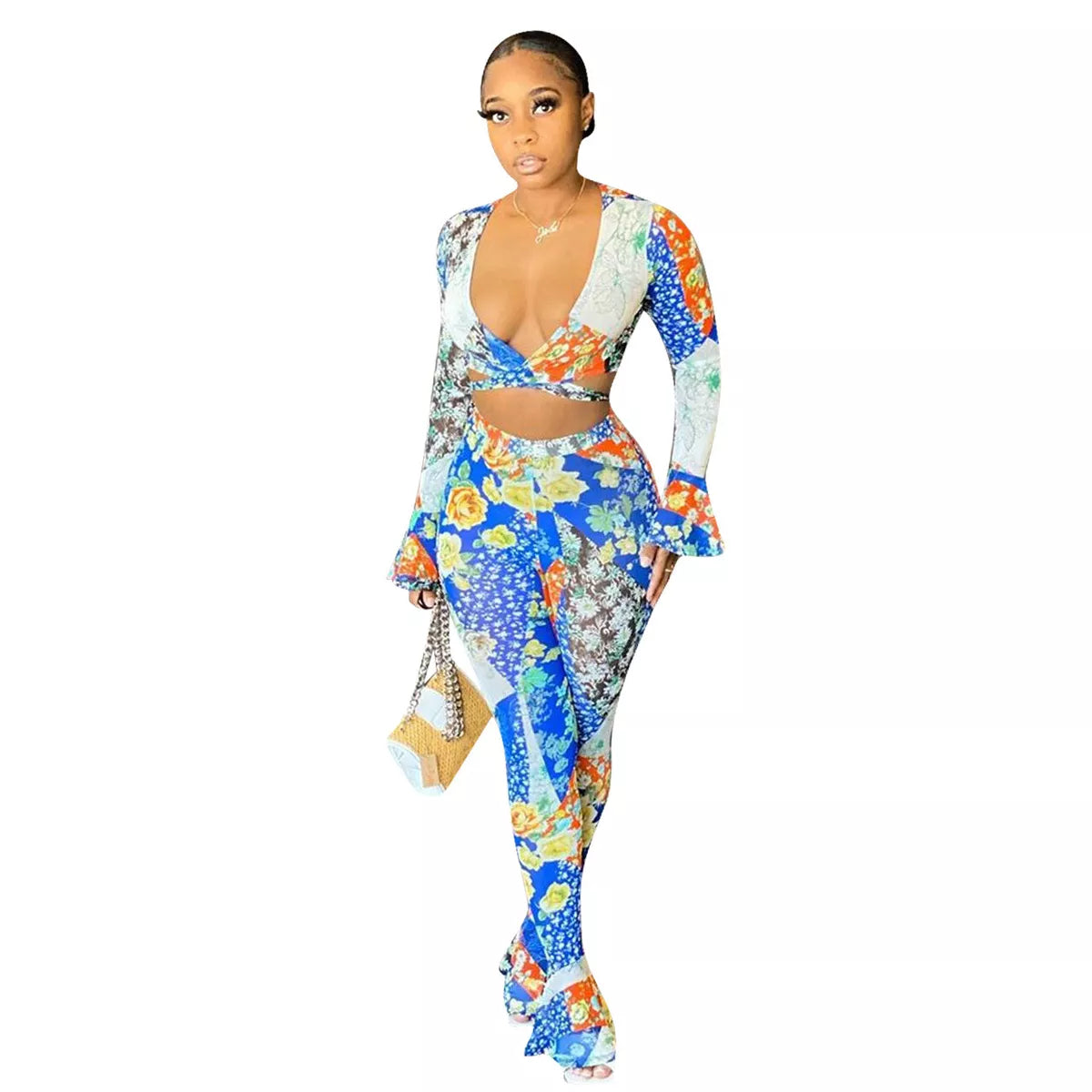 Deep V Neck Long Sleeves Printed Skinny Casual Pants Set (¥13 should be 132pcs) XD21