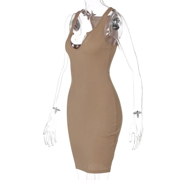 Deep V neck ribbed mini tube dress