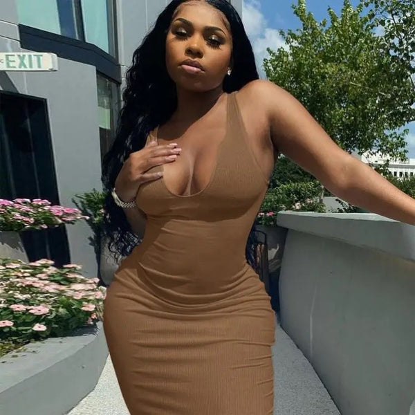 Deep V neck ribbed mini tube dress