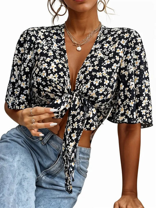 Ditsy Floral Print Tie Front Flounce Sleeve Crop Top XD21