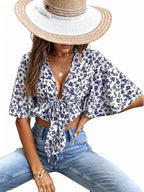 Ditsy Floral Print Tie Front Flounce Sleeve Crop Top XD21