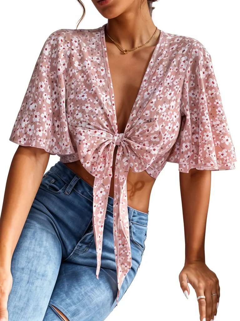 Ditsy Floral Print Tie Front Flounce Sleeve Crop Top XD21