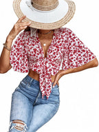Ditsy Floral Print Tie Front Flounce Sleeve Crop Top XD21
