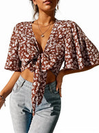 Ditsy Floral Print Tie Front Flounce Sleeve Crop Top XD21
