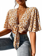 Ditsy Floral Print Tie Front Flounce Sleeve Crop Top XD21