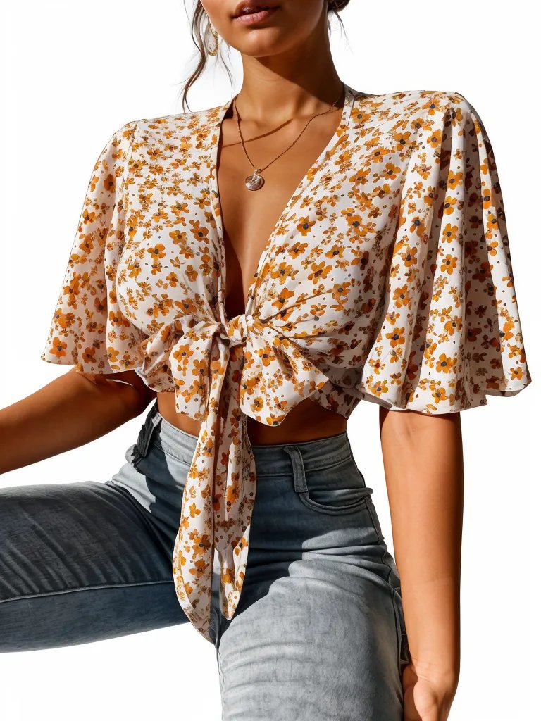 Ditsy Floral Print Tie Front Flounce Sleeve Crop Top XD21
