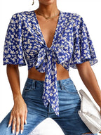 Ditsy Floral Print Tie Front Flounce Sleeve Crop Top XD21