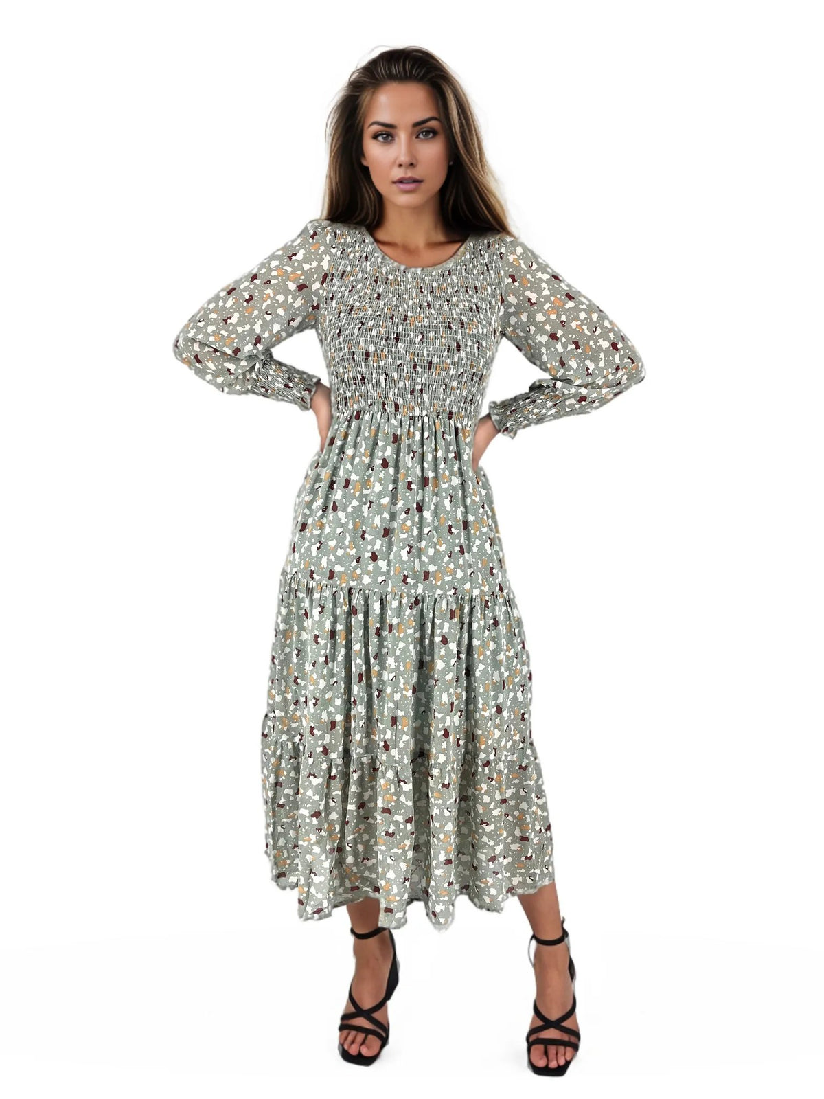 Ditsy Floral Ruched Tier Flowy Midi Dress