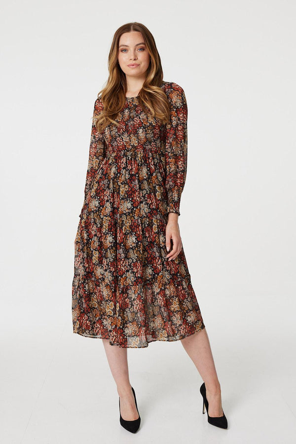 Ditsy Floral Ruched Tier Flowy Midi Dress XD21