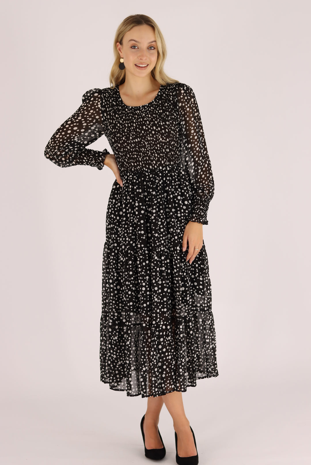 Ditsy Floral Ruched Tier Flowy Midi Dress