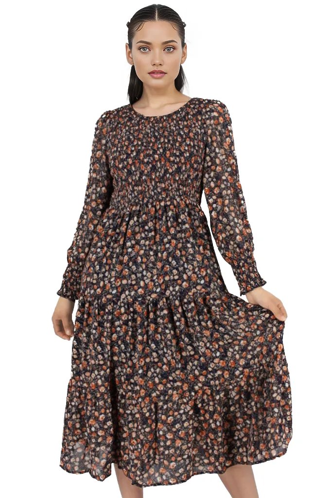 Ditsy Floral Ruched Tier Flowy Midi Dress