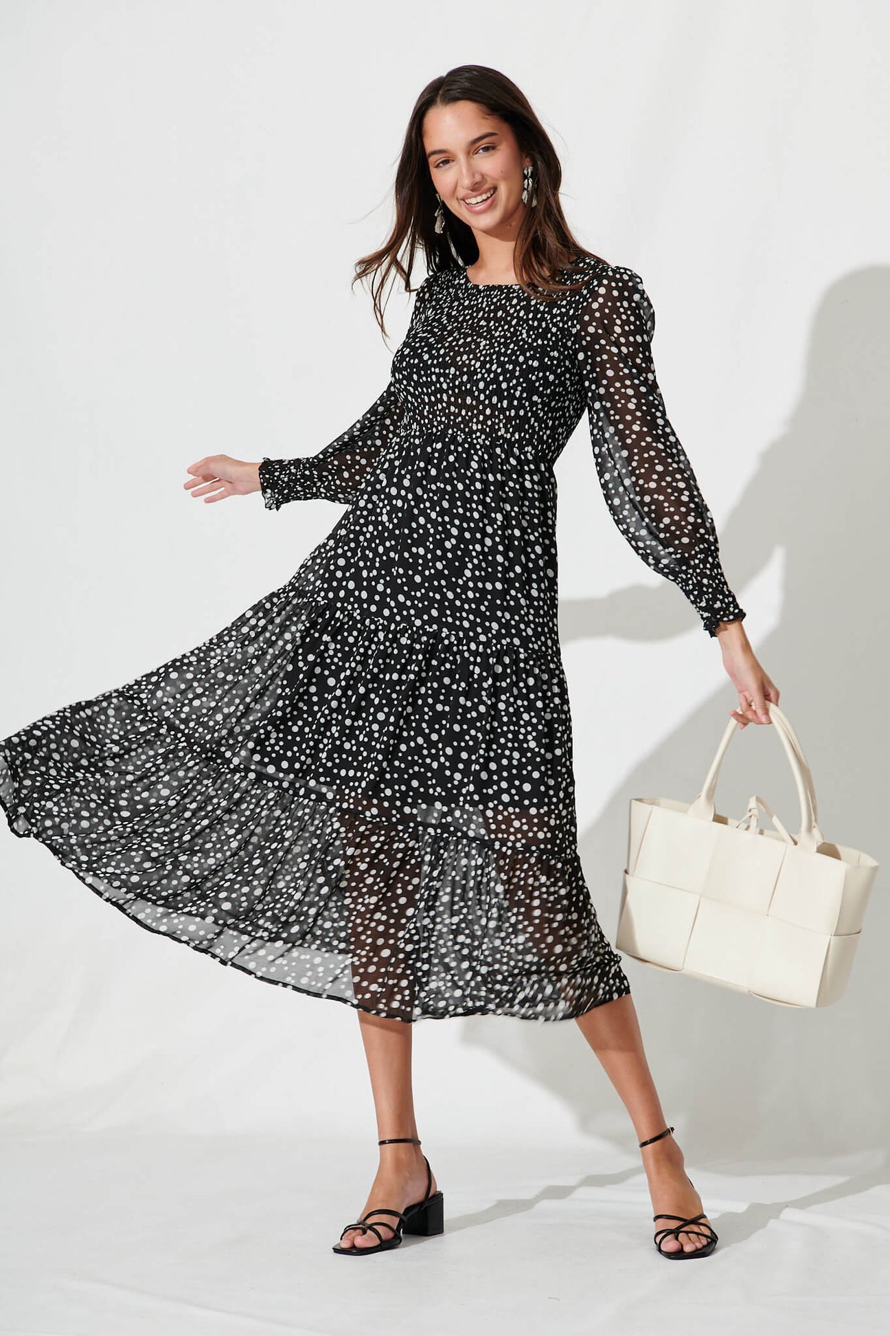 Ditsy Floral Ruched Tier Flowy Midi Dress