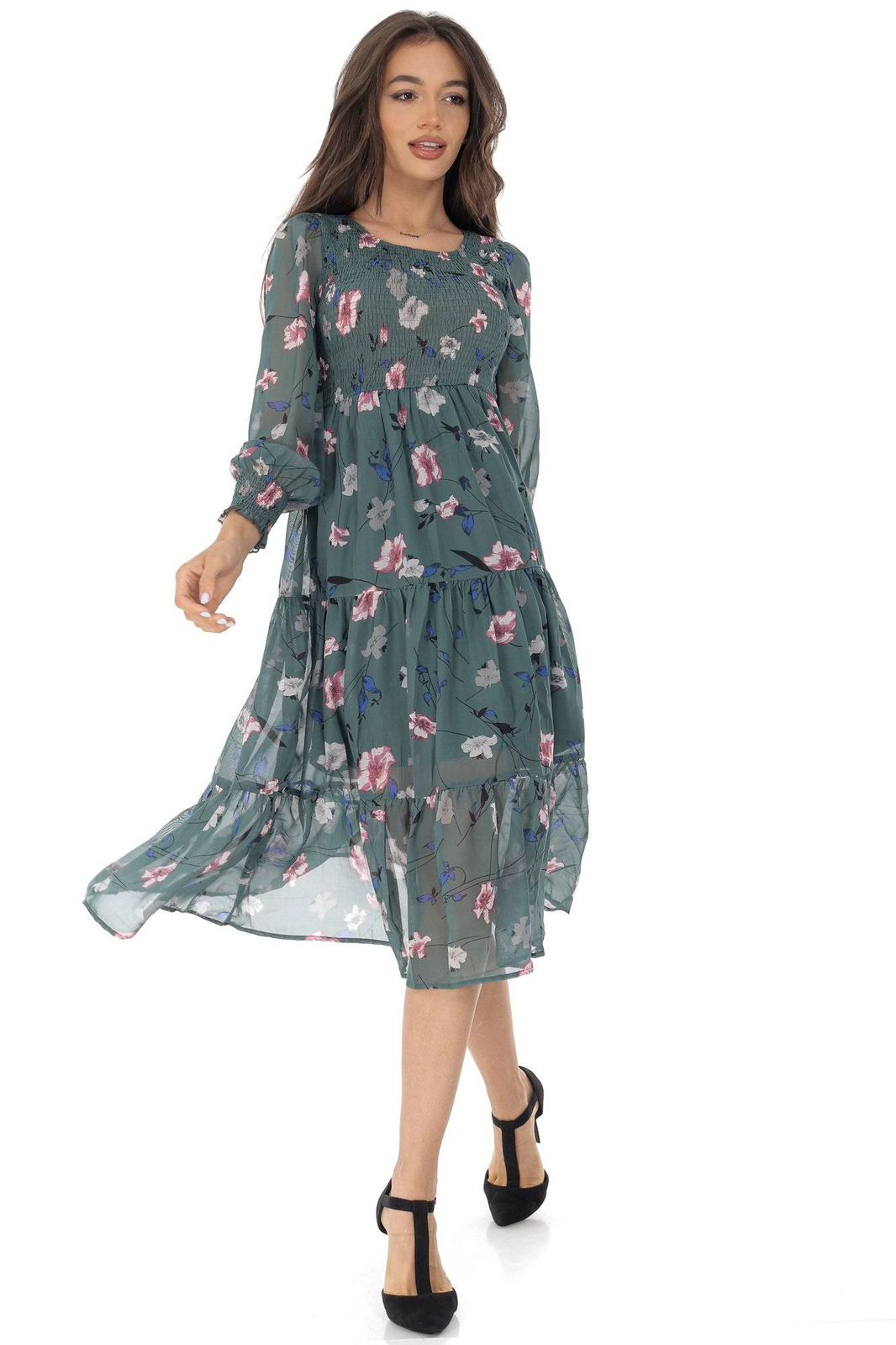 Ditsy Floral Ruched Tier Flowy Midi Dress