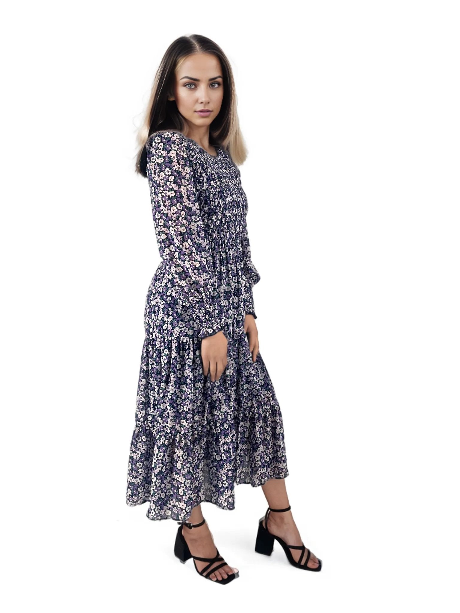 Ditsy Floral Ruched Tier Flowy Midi Dress XD21