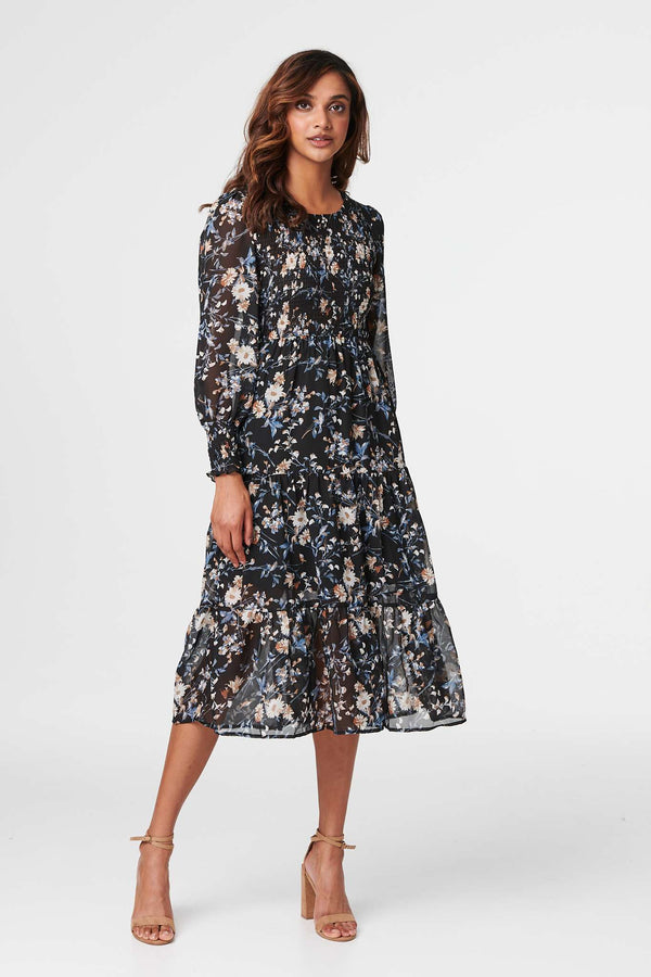 Ditsy Floral Ruched Tier Flowy Midi Dress XD21