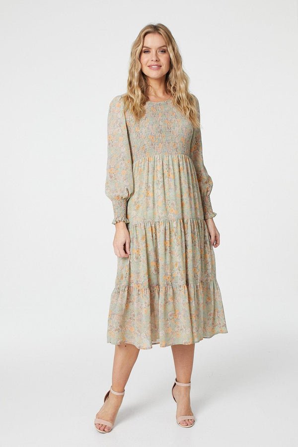 Ditsy Floral Ruched Tier Flowy Midi Dress