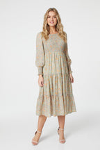 Ditsy Floral Ruched Tier Flowy Midi Dress XD21