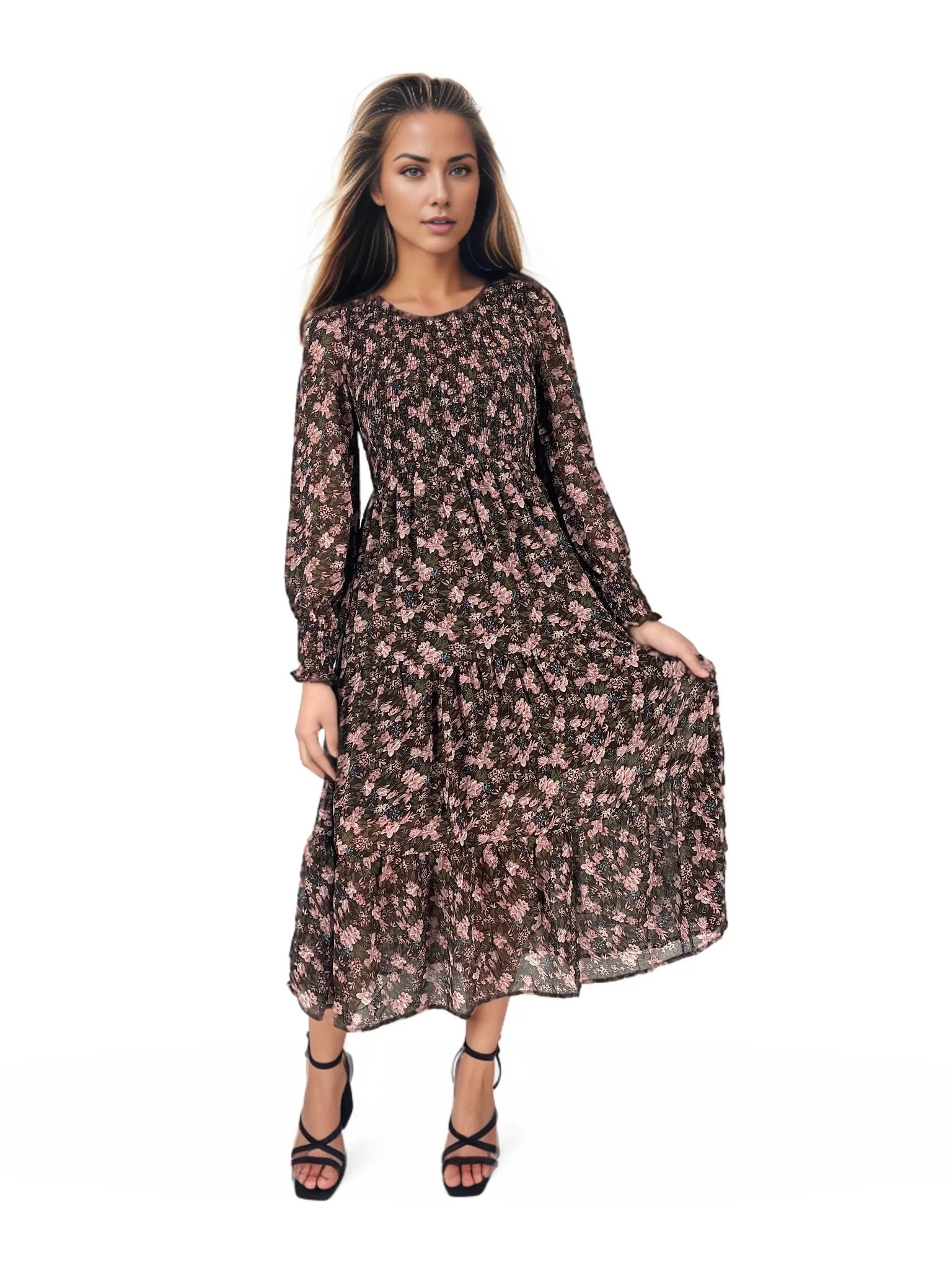 Ditsy Floral Ruched Tier Flowy Midi Dress XD21