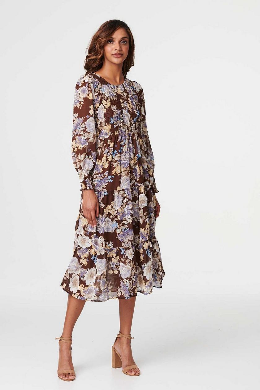 Ditsy Floral Ruched Tier Flowy Midi Dress XD21