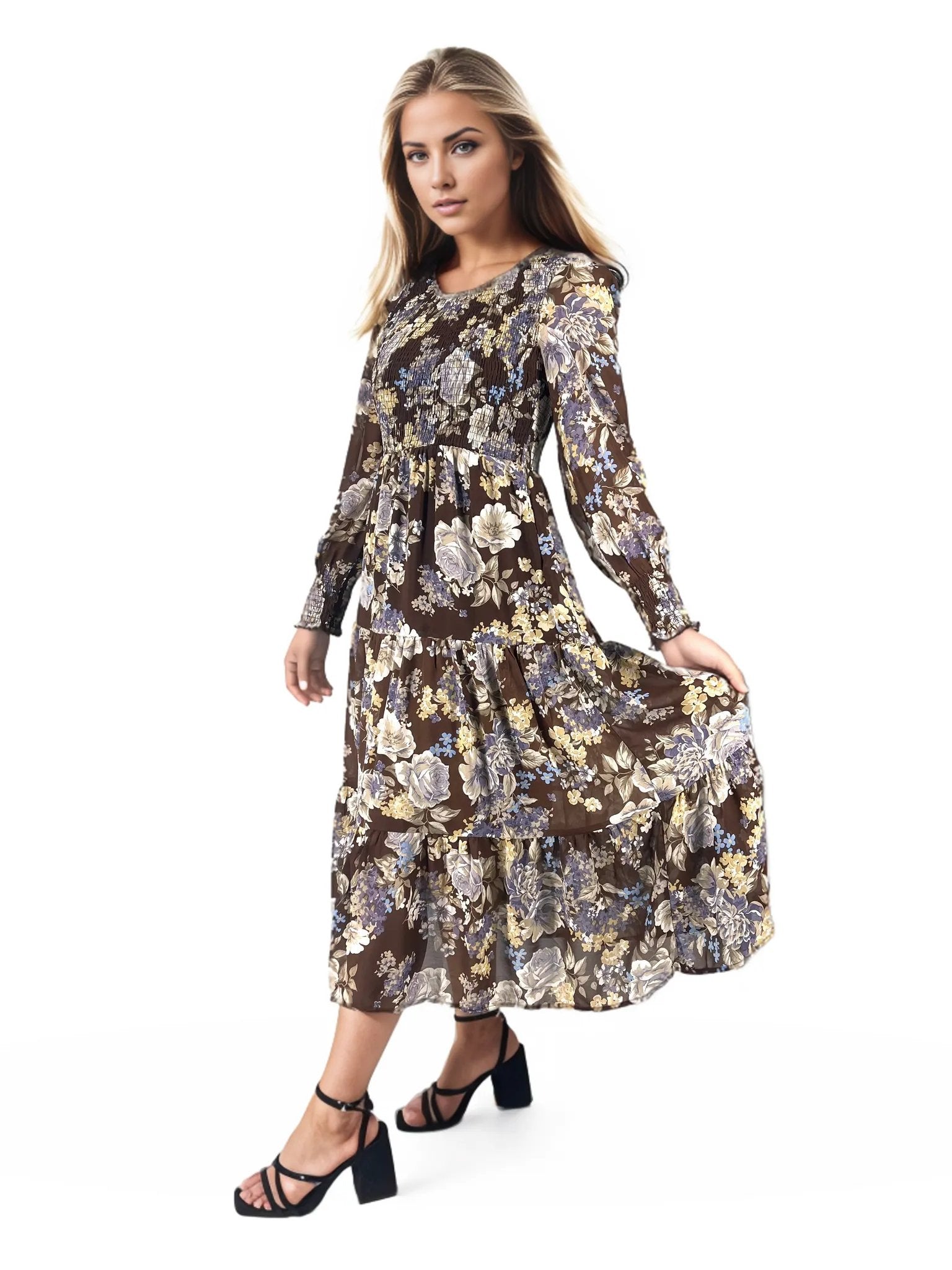 Ditsy Floral Ruched Tier Flowy Midi Dress XD21