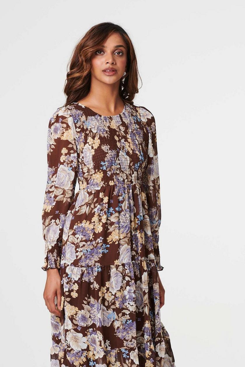 Ditsy Floral Ruched Tier Flowy Midi Dress XD21