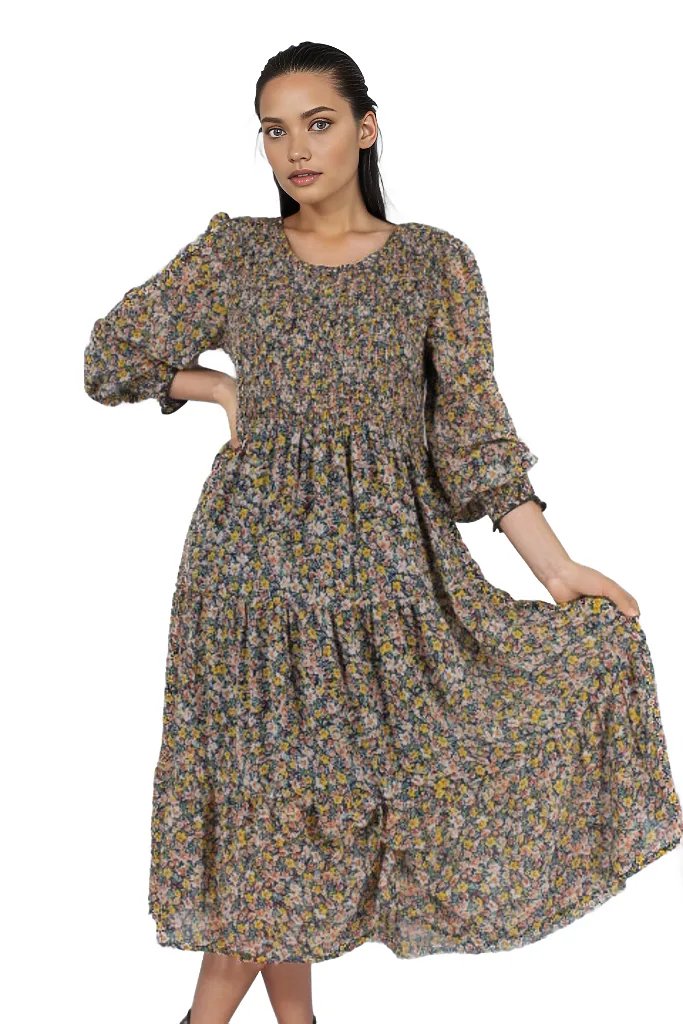 Ditsy Floral Ruched Tier Flowy Midi Dress