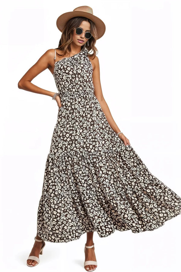 Ditsy floral one shoulder tie maxi dress