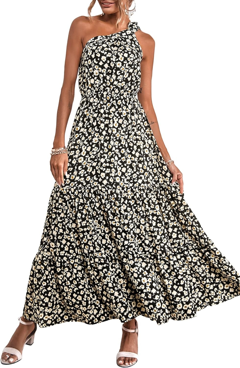 Ditsy floral one shoulder tie maxi dress XD21