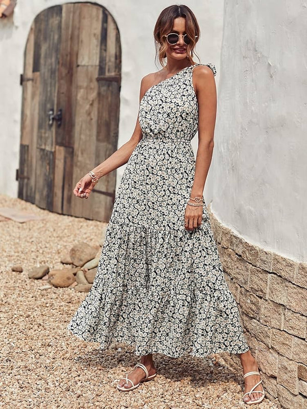 Ditsy floral one shoulder tie maxi dress