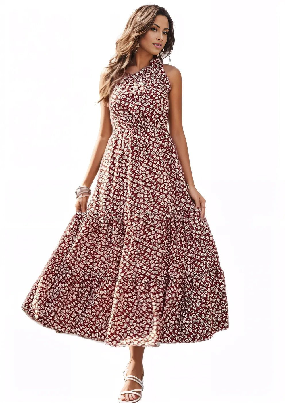 Ditsy floral one shoulder tie maxi dress XD21