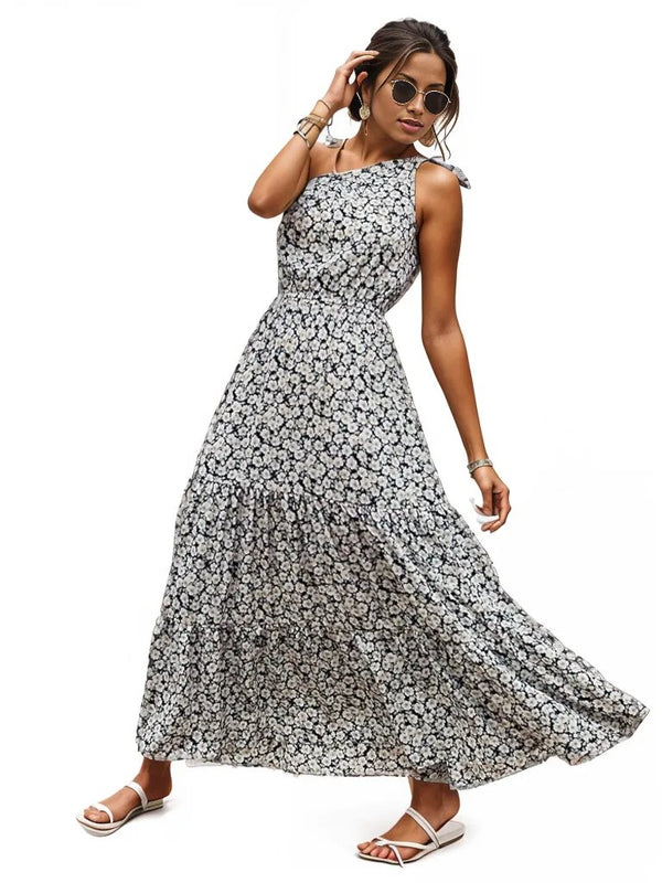Ditsy floral one shoulder tie maxi dress