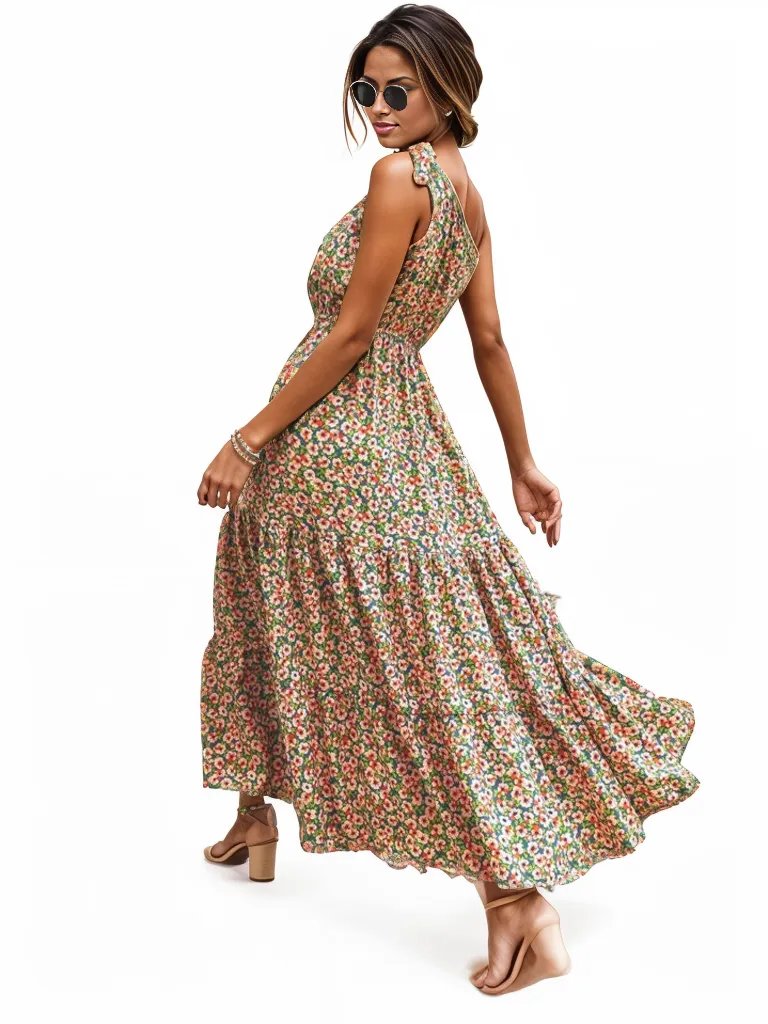 Ditsy floral one shoulder tie maxi dress XD21