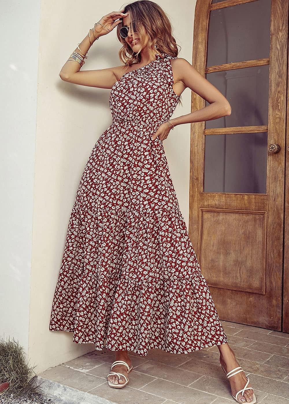 Ditsy floral one shoulder tie maxi dress XD21