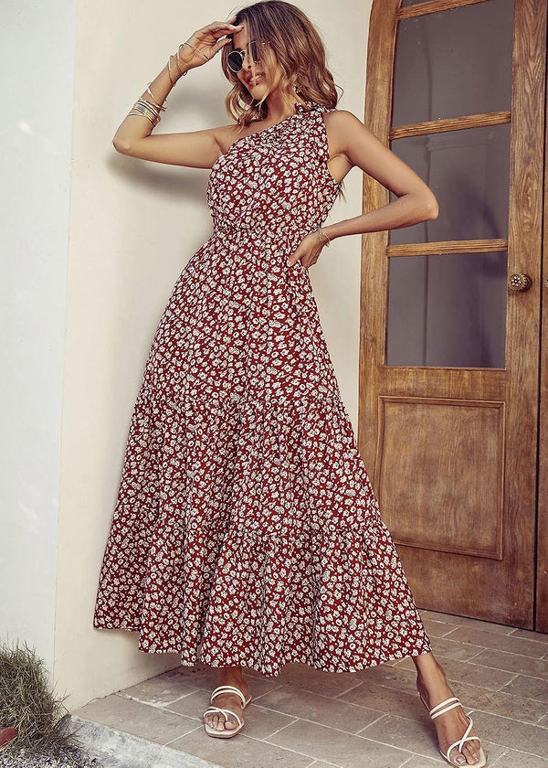 Ditsy floral one shoulder tie maxi dress