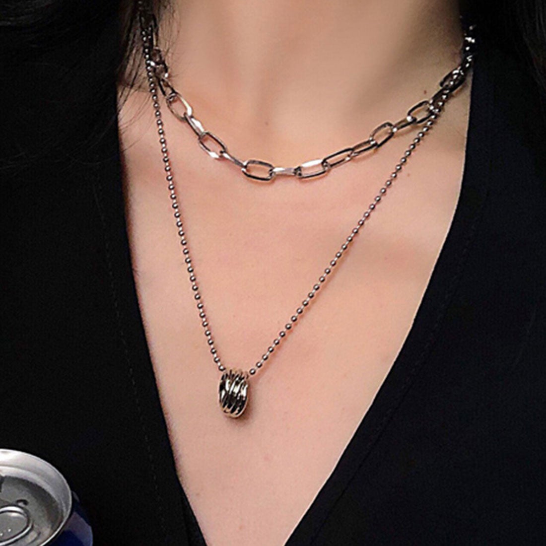 Double Layer Silver Ring Chain Necklace XD21