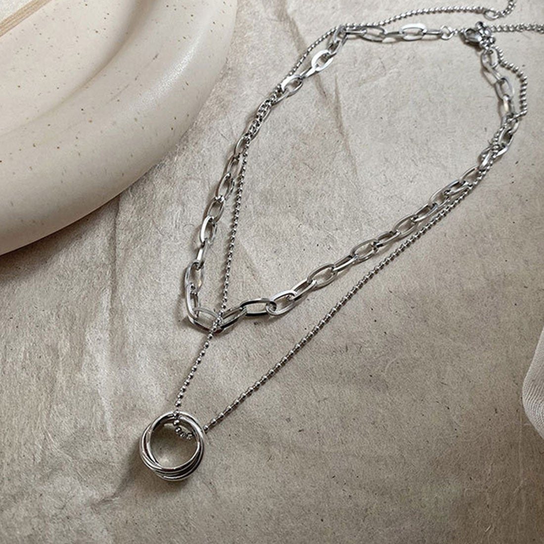 Double Layer Silver Ring Chain Necklace XD21