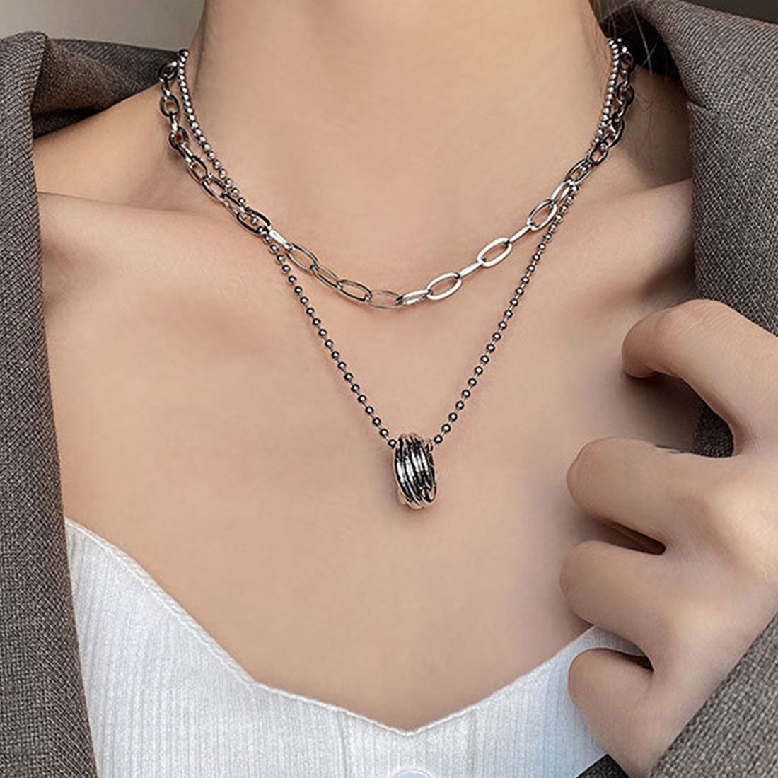 Double Layer Silver Ring Chain Necklace XD21